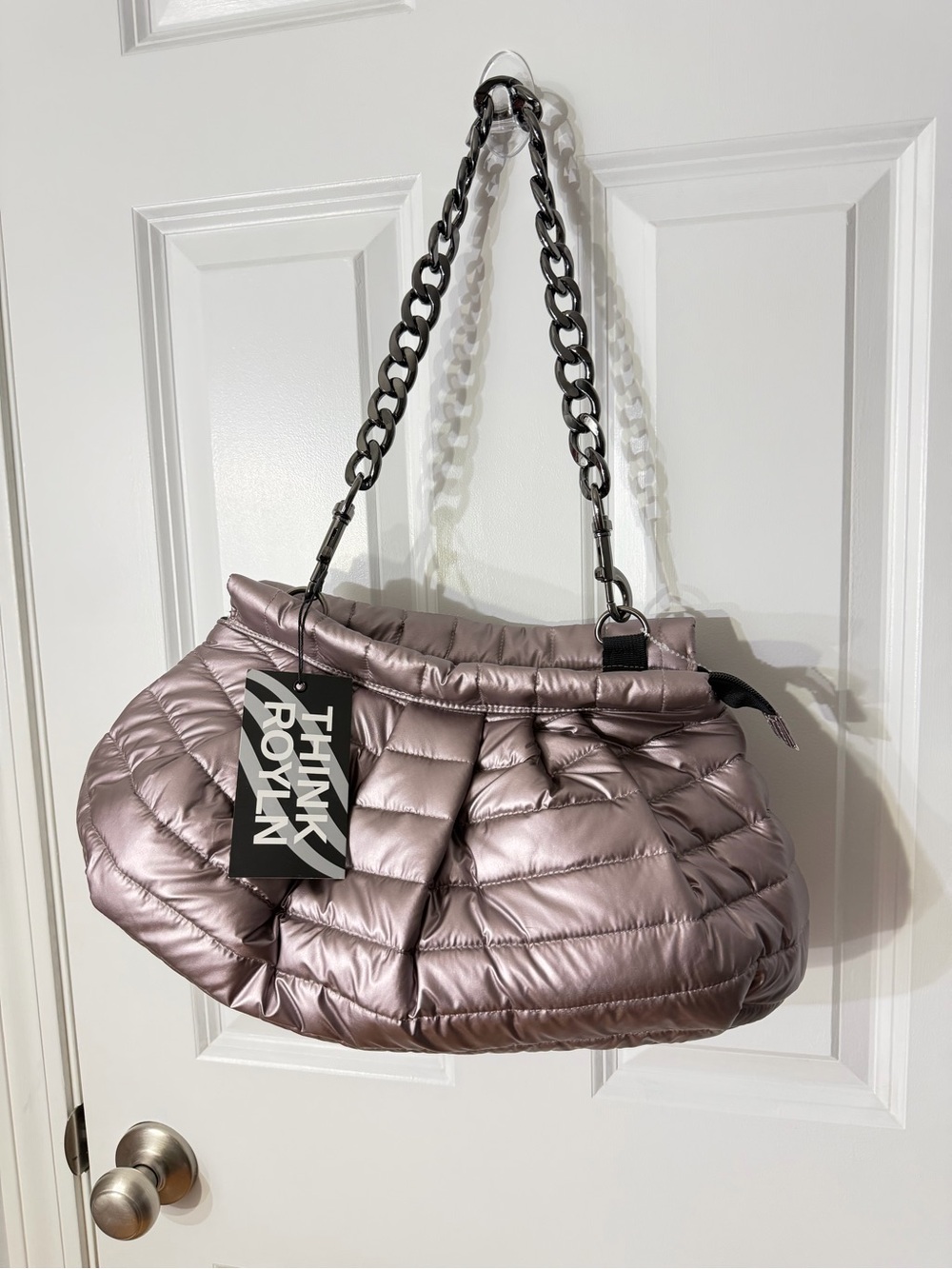 Think Royln Metallic Bronze Gray Quilted Puffer Shoulder Crossbody Bag Converti